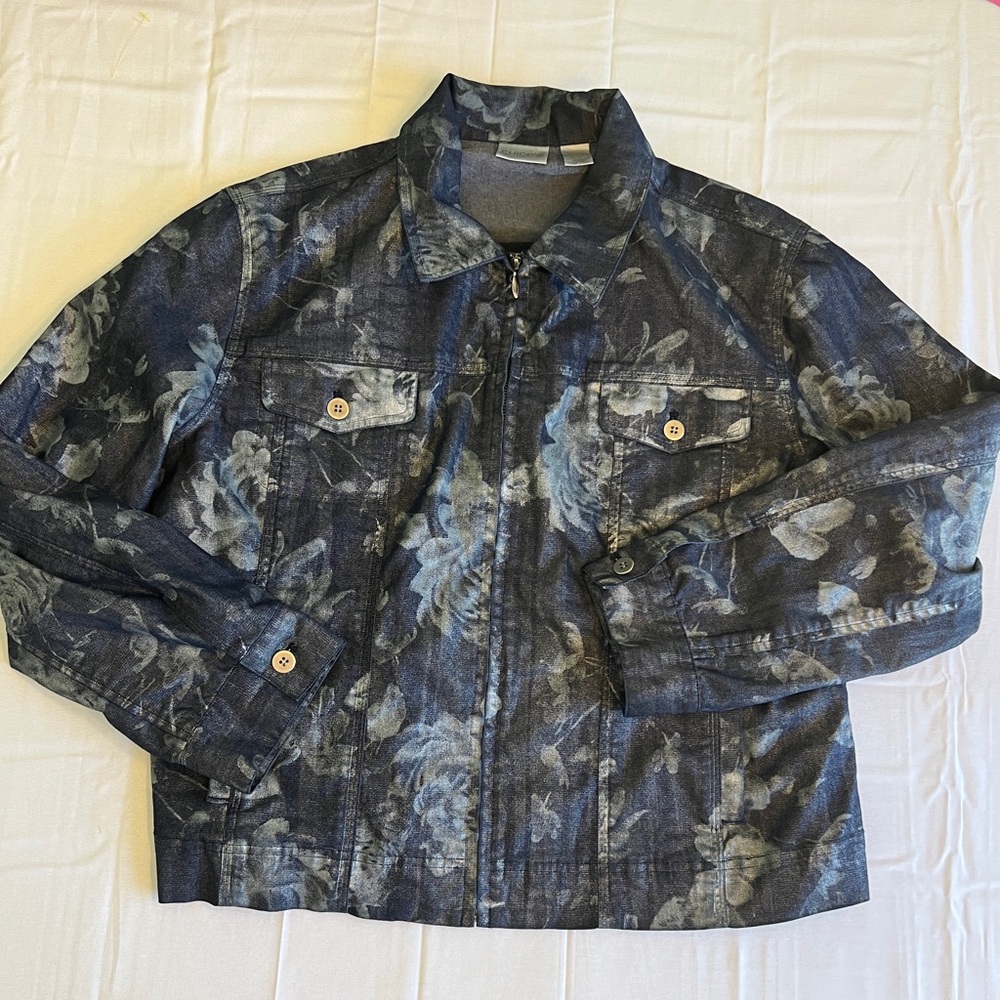 Chicos Floral Denim Jacket size 2 (large)